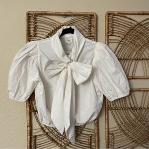Cami‎ NYC Puff Sleeve Bow Tie Top Blouse White Cotton Sz S $165 NWT B46